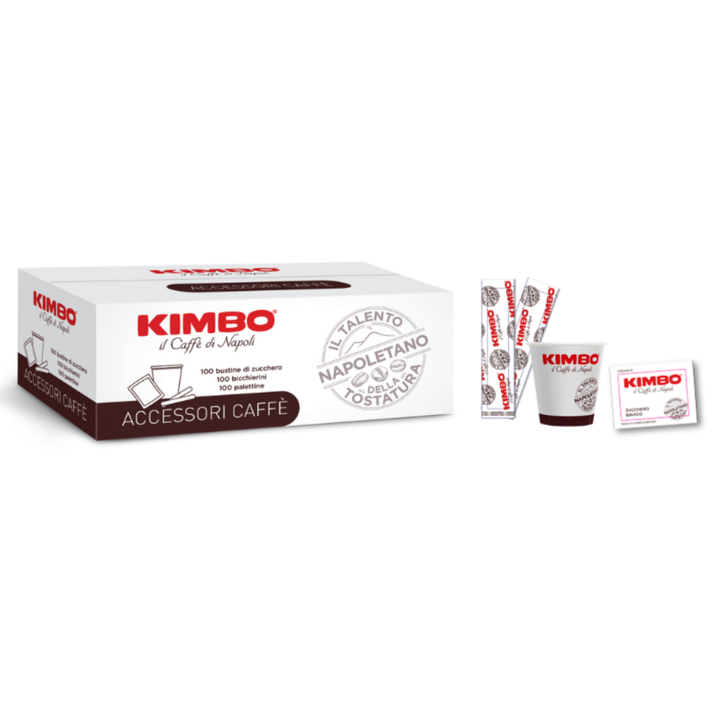 Kit Accessori Caffè Kimbo: 100 Bicchieri di Carta, Palette e Zucchero