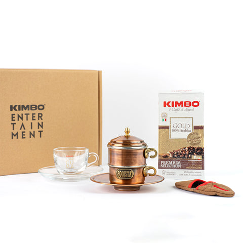 Kit - Caffettiera Napoletana "Egoista" in Rame Spazzolata + 1 Tazzina + 1 Presina + Caffè Macinato Gold 100% Arabica 250g